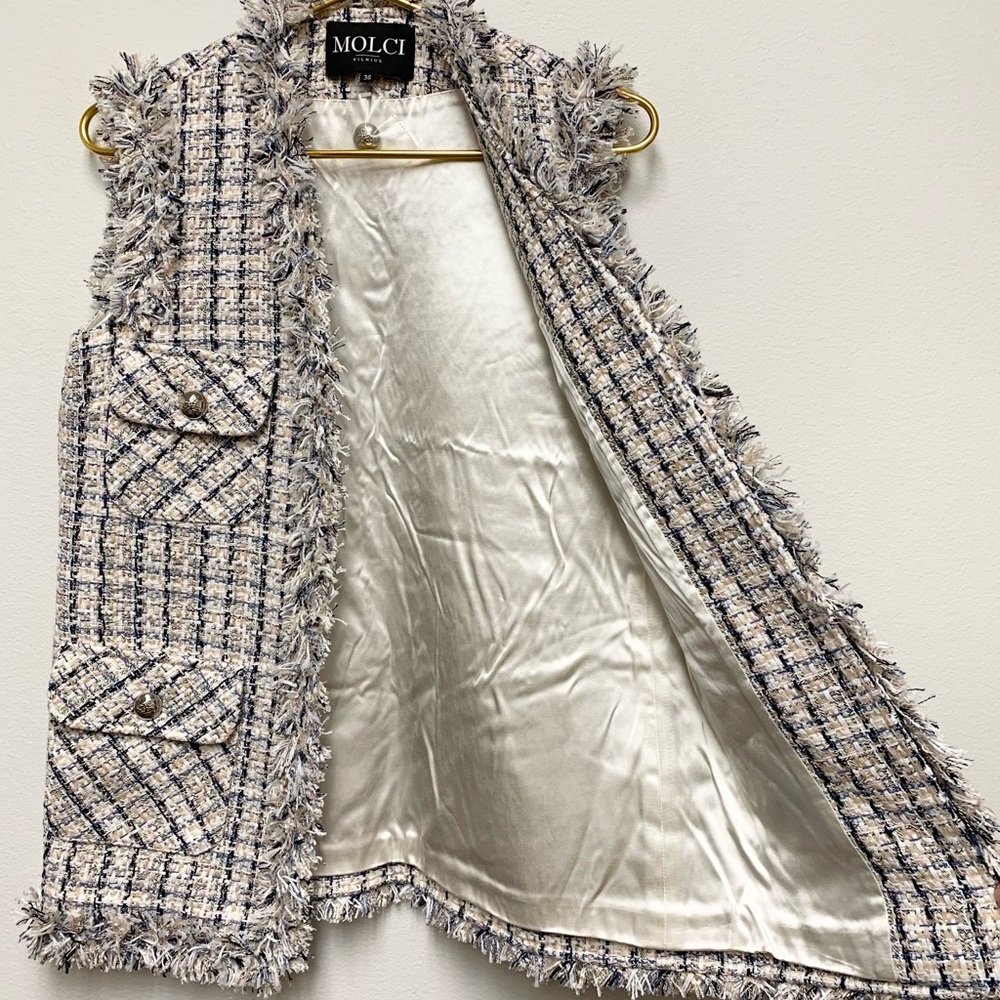 Molci Frayed Tweed Longline Blazer Vest‎ Size 36 / US S Open Front White Multi - Picture 10 of 16